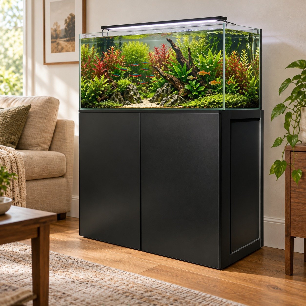 Black enclosed aluminum aquarium stand in a living room